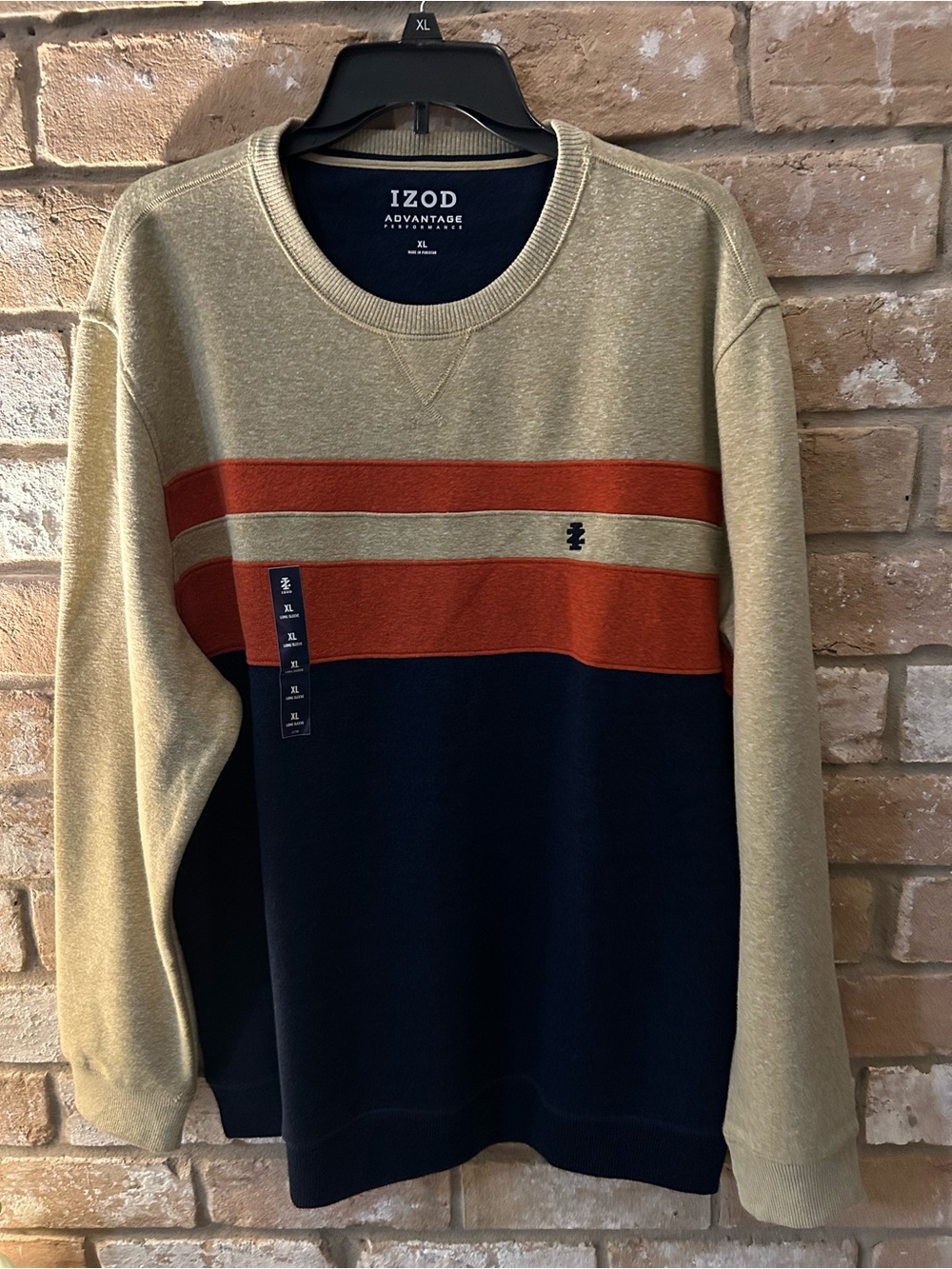 New Izod Men’s Crewneck Sweater in Navy, Rust, Tan.